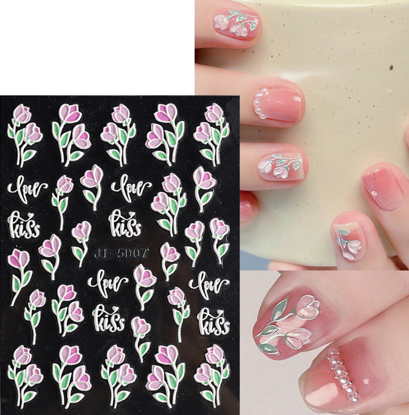 5D Nail Art Stickers Tulip Camellia Flowers Daisy Heart Decals Self-Adhesive DIY