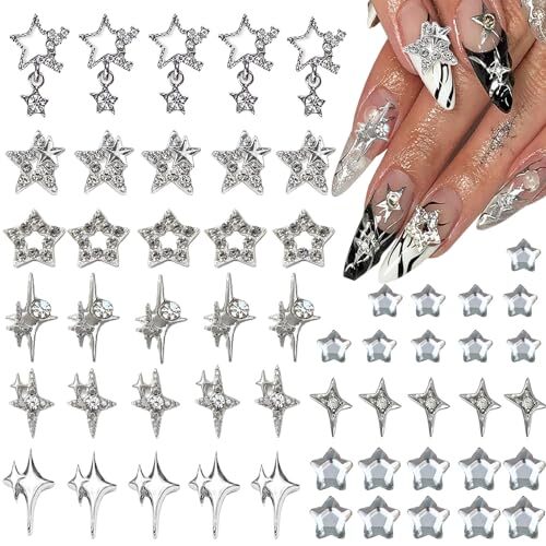 55pcs Silver Star Nail Charms Star Charms for Acrylic Nails 3D Stars Nail Gems