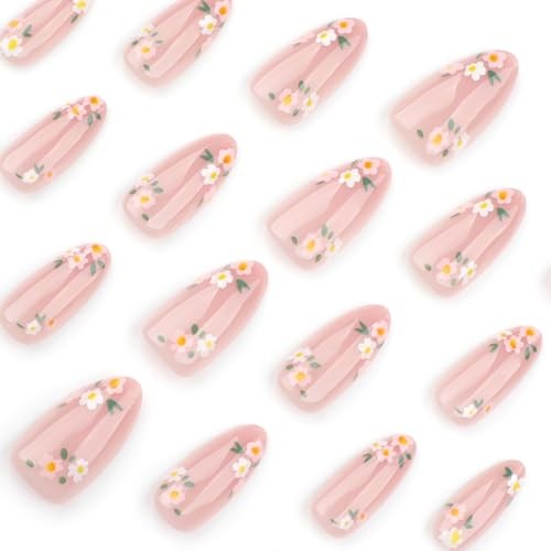 Pink Spring Press on Nails Almond Shape Fake Nails with Small Flower style8