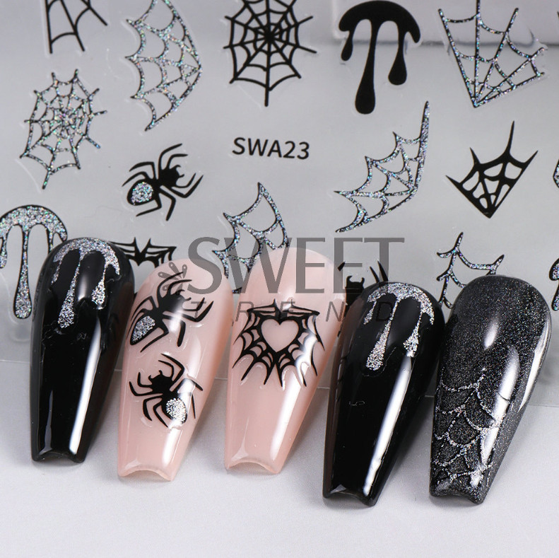 Embossed Glitter Halloween Spider Web Nail Art Stickers Self Adhesive NH27