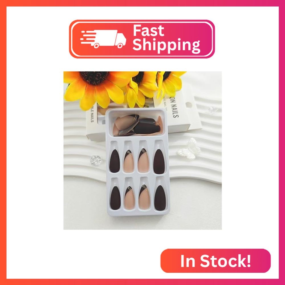 FOLONRAL Almond Press on Nails Medium Fake Nails with Gold Glitter Lines Designs