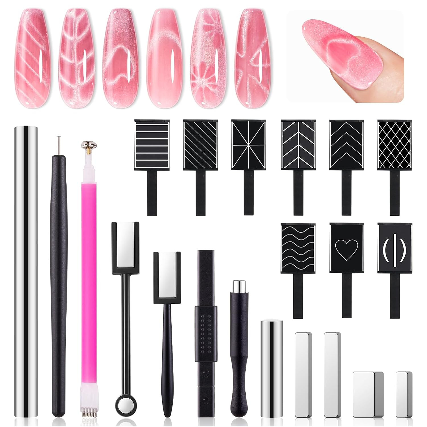 Nail Magnet Set, 21PCS Cat Eye Gel Nail Polish Magnets, round Square Double Ende