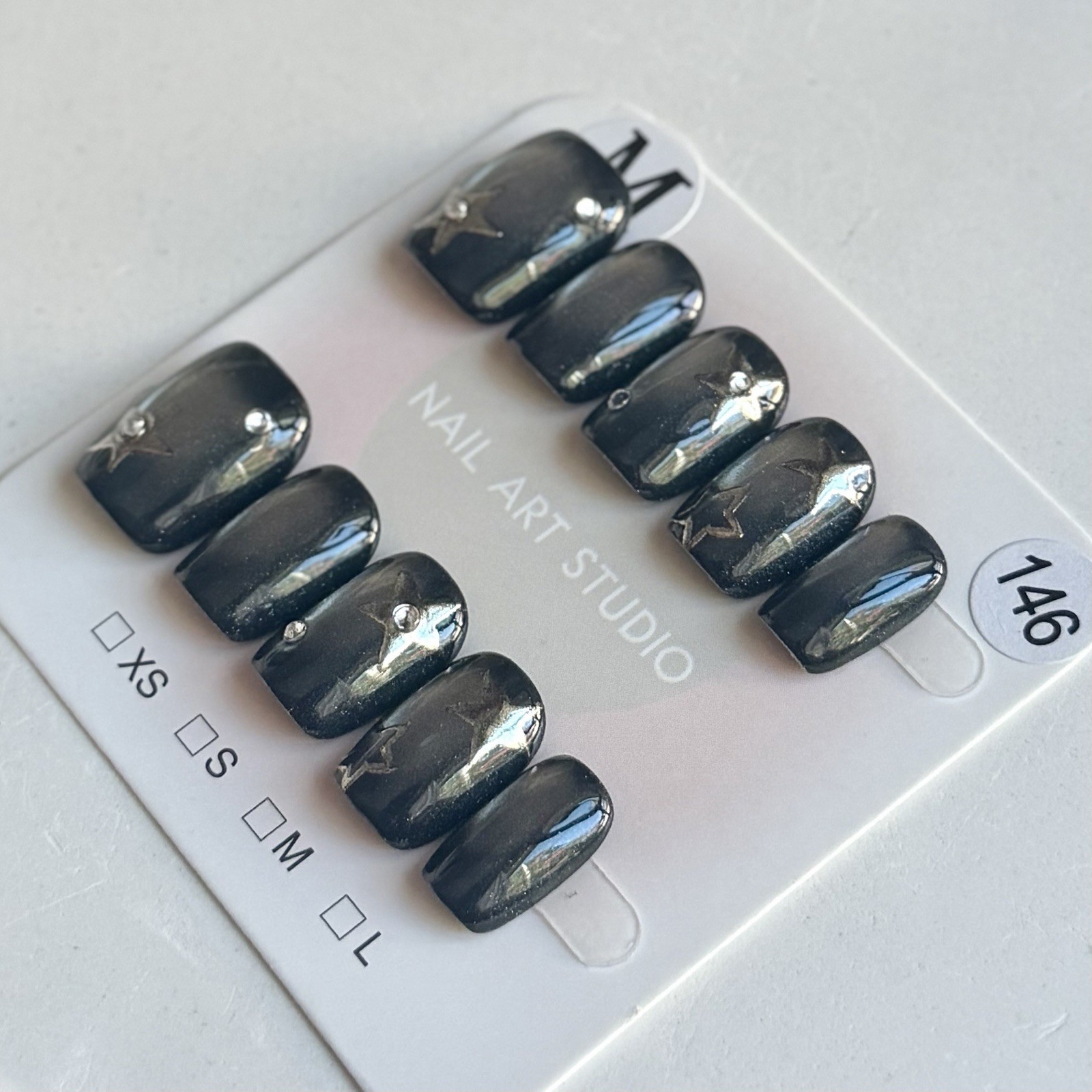 Handmade Black Star Y2K Press-On Nails Short Square Size M Reusable Fake Nails
