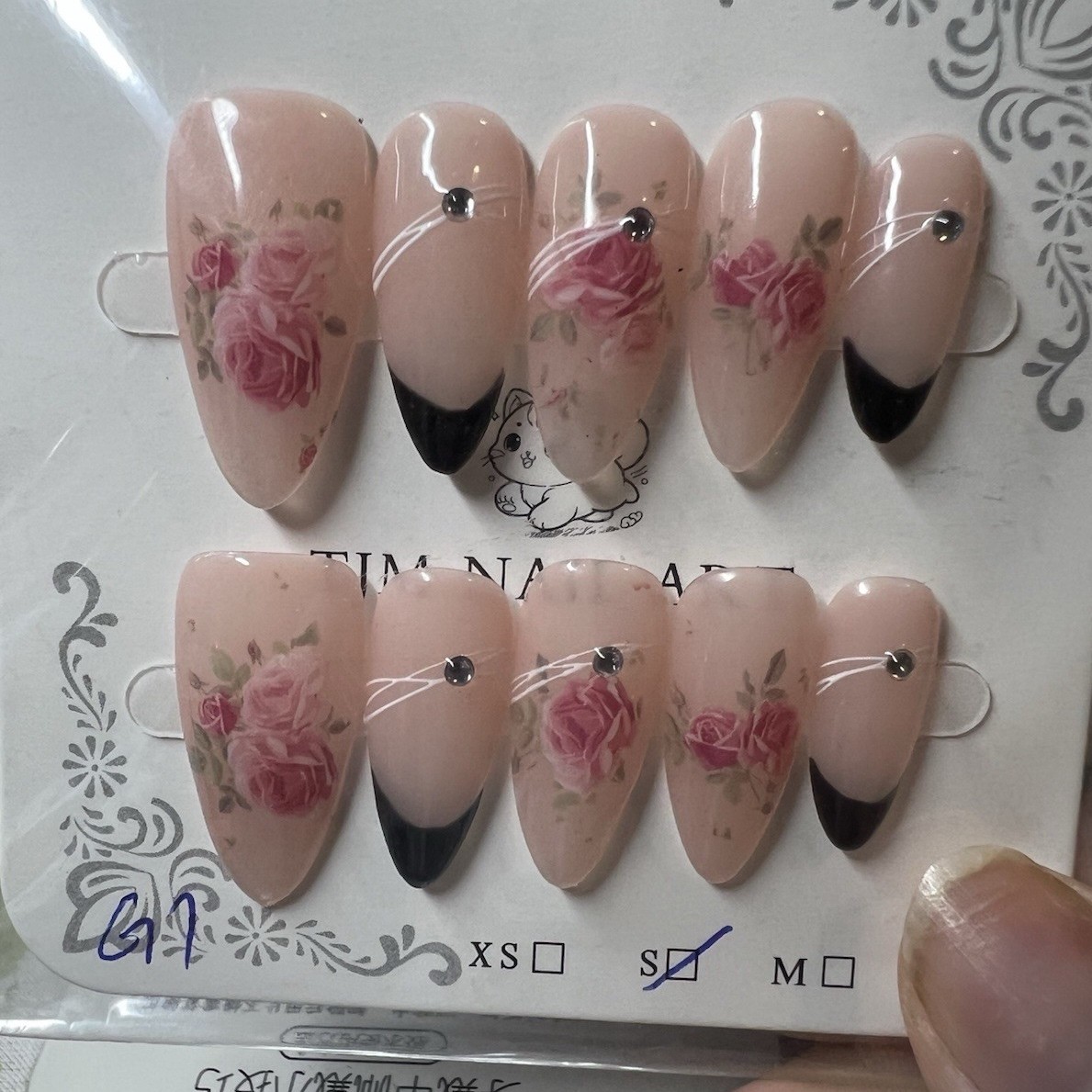 TJM NAIL ART Press-On Nails Short Almond Pink Black French 3D Flower Size Small