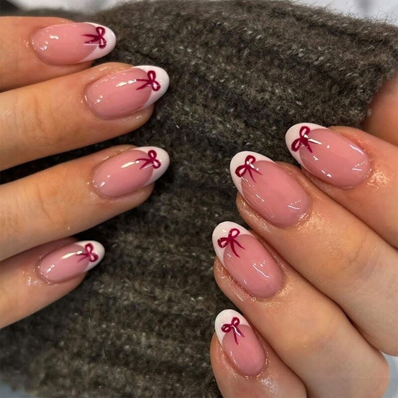 24 Pieces Short Length Almond Press On Glossy Bows Designs French Tip