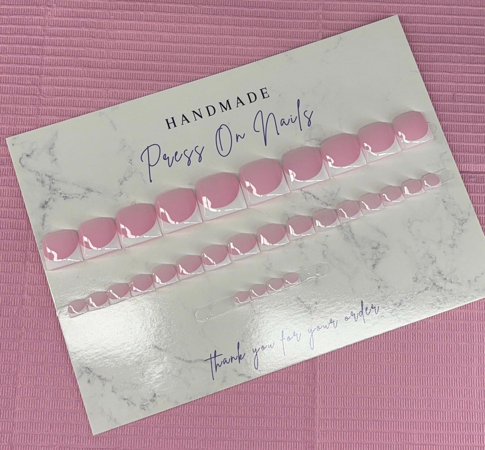 press on toenails pink nude white French tips handmade gel