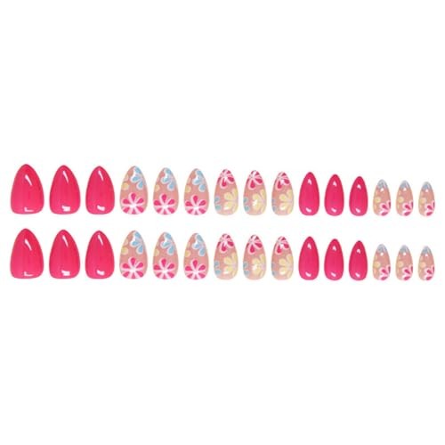 Flower Press on Nails Short Almond Fake Nails Rose Red False Flower Pink-10