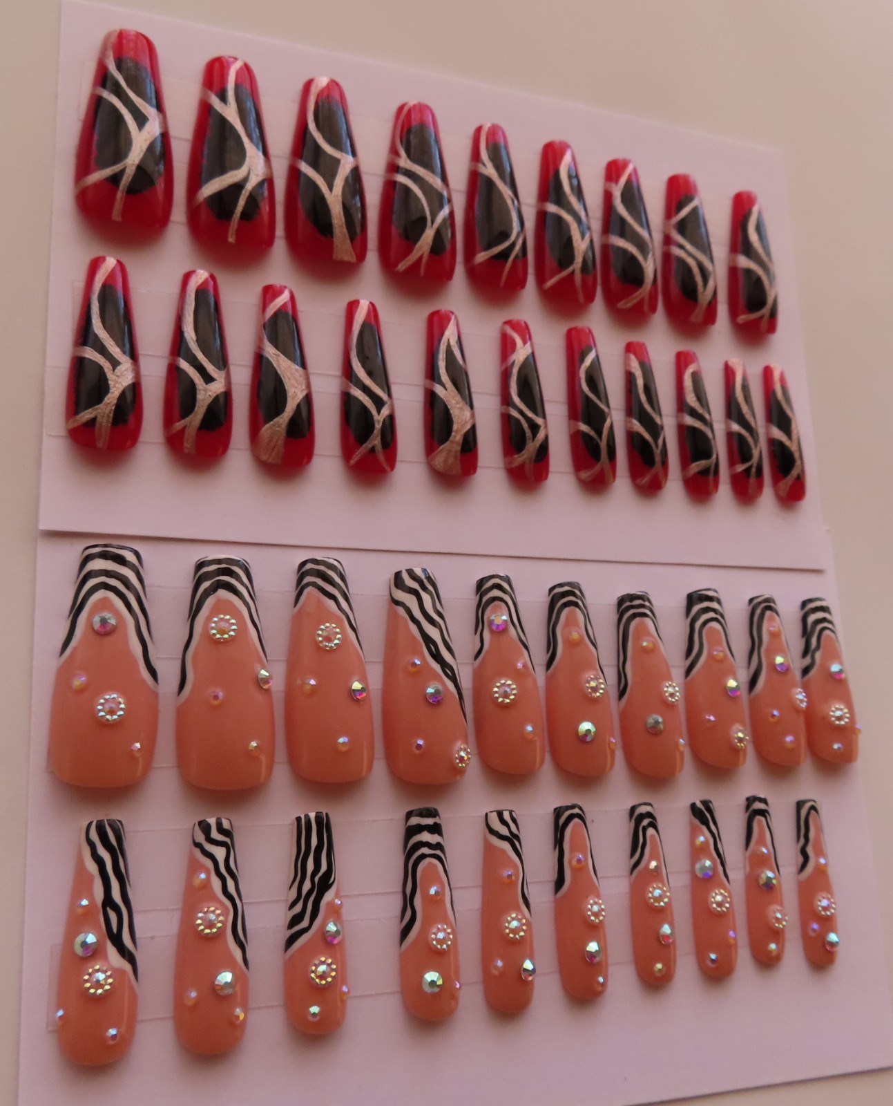 (2) Sets Black White Stripe Tip Pearl | Black Red Metallic Coffin Press-On Nails