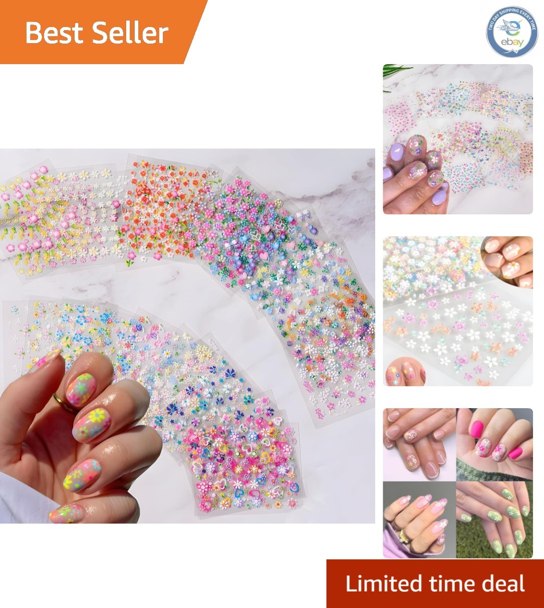 30 Sheets Colorful 3D Flower Nail Art Stickers – Easy Self-Adhesive Designs