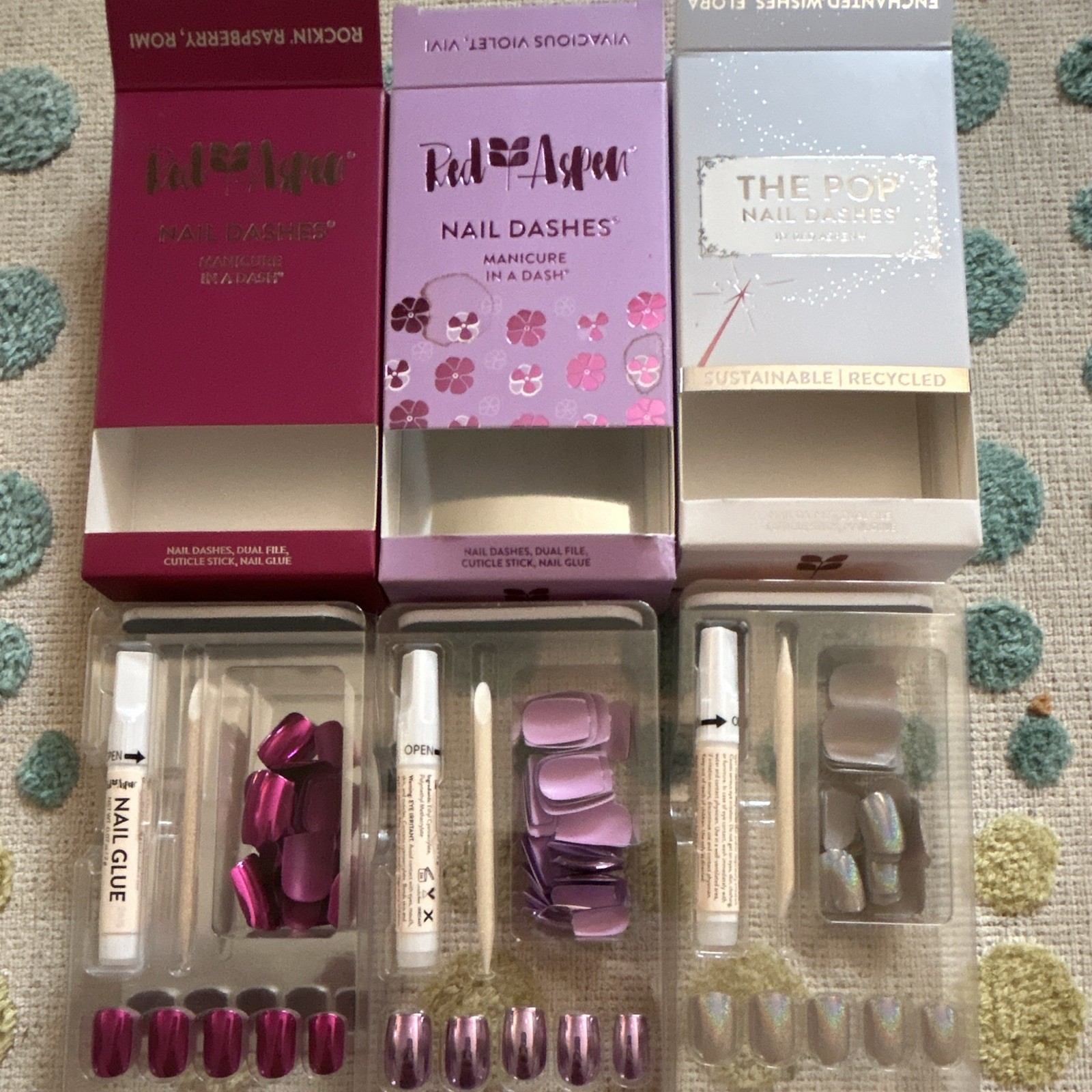 Dash nails Red Aspen THE POP Press-On Nails Lot of 3 Pink Purple Silver Shiny