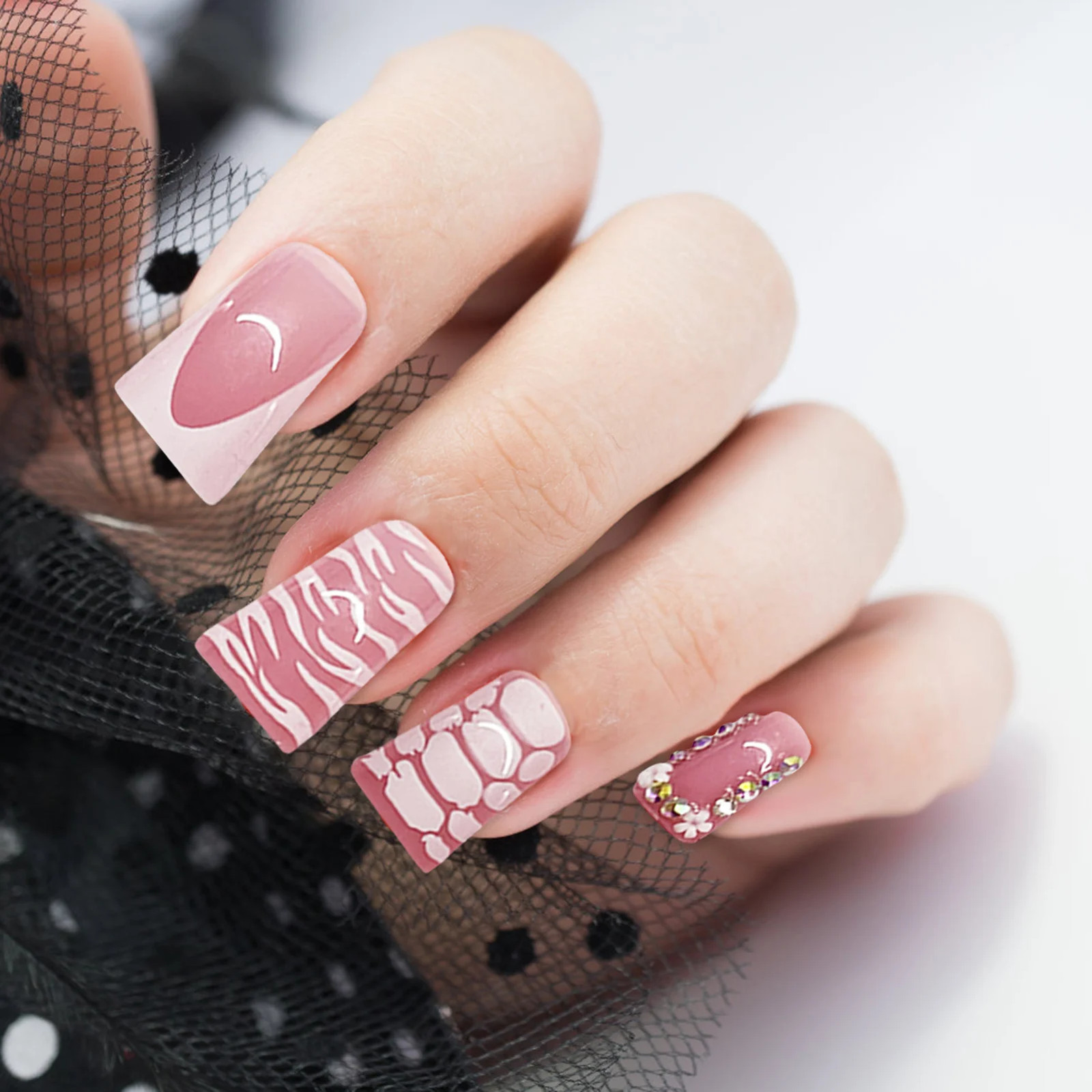 Pink Leopard Duckbill Press On Nails Sweet French Full Cover False Nails