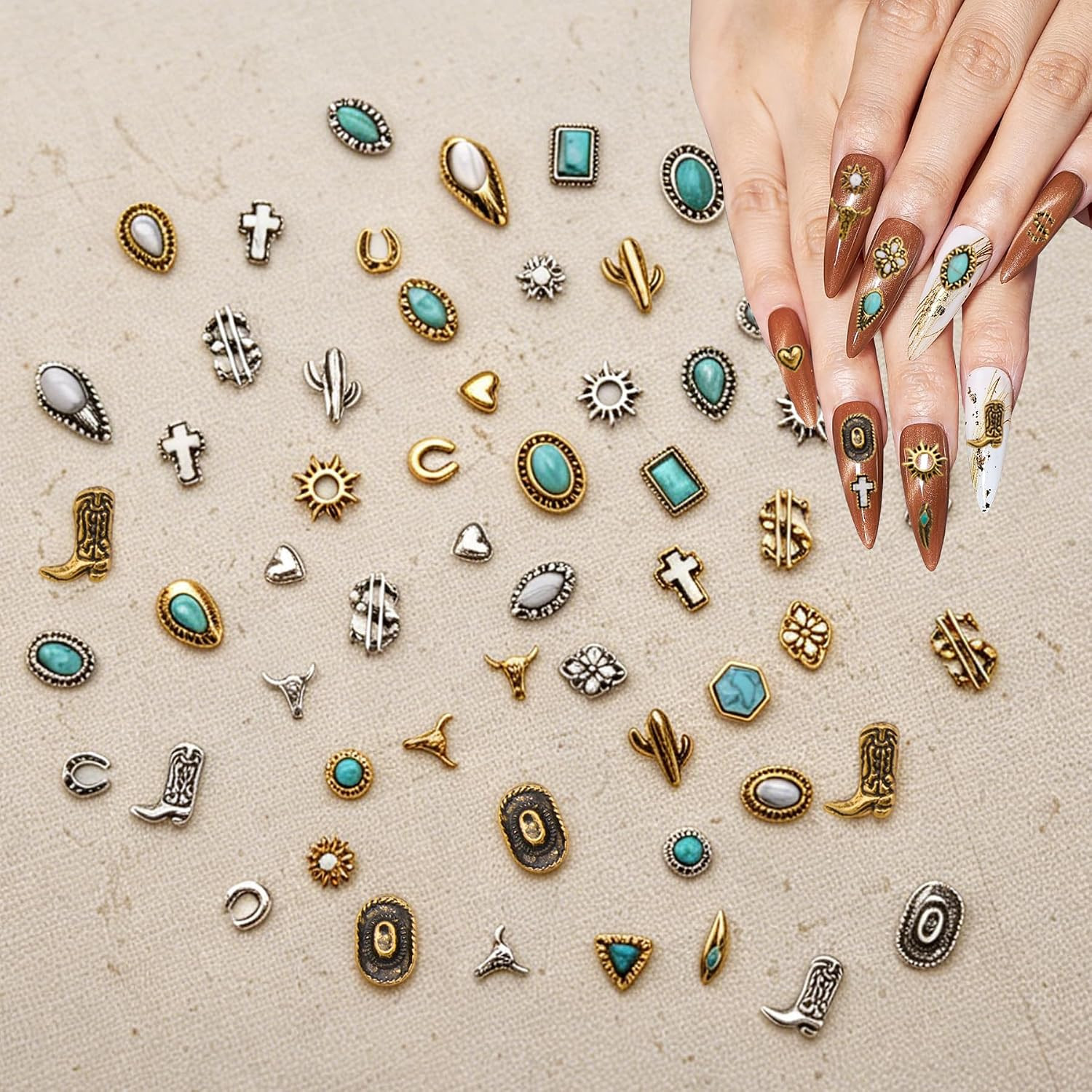 62 PCS Western Nail Charms – 3D Vintage Western Nail Charms and Gems Art Cowboy