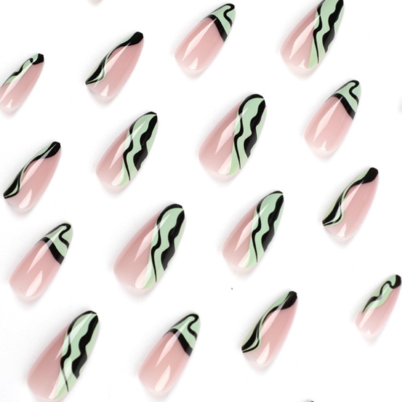 48P Short Almond Press on Nails, Nude Mint Green Black Wavy Swirl Fake Nails