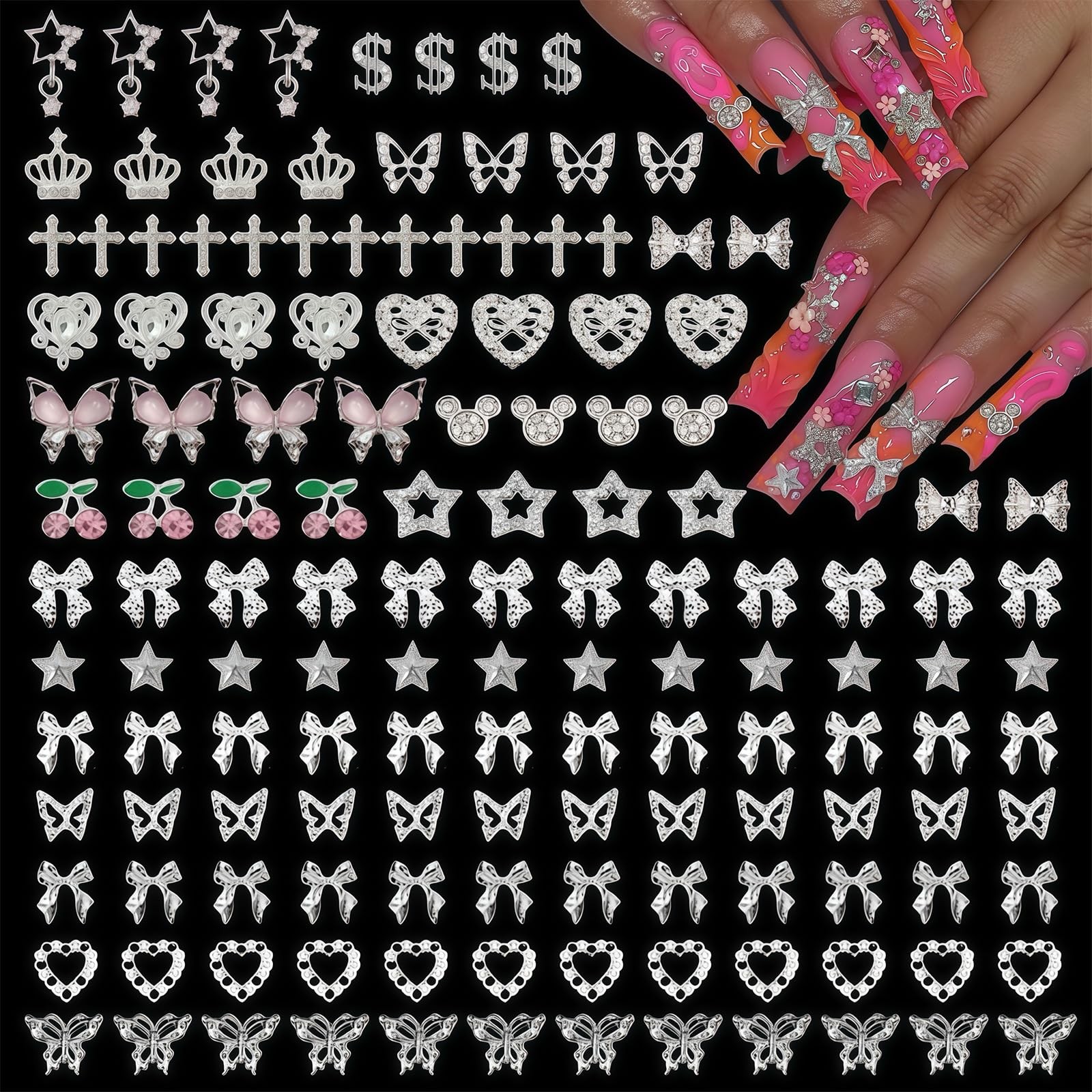 140 Pcs 3D Nail Charms Silver Butterfly Bow Crown Star Rhinestone Set for Acr…