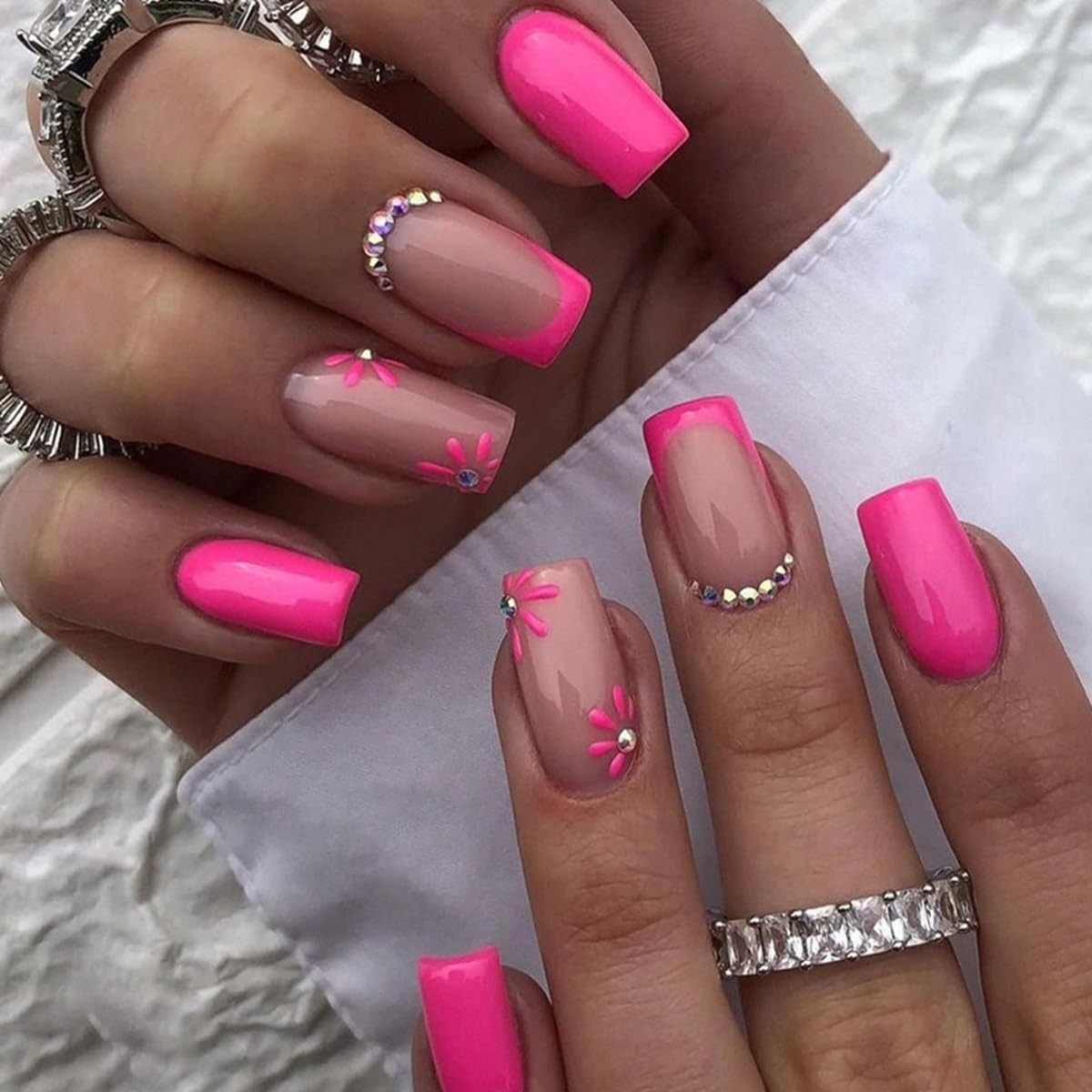 Hot Pink Press on Nails Medium Square Fake Nails French Tip False Floral Pink