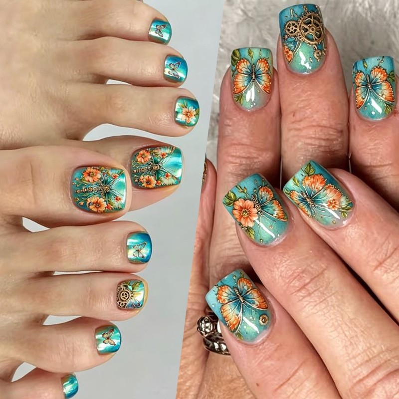 48Pcs Lake Blue Steampunk Nails, Butterfly Flower Design for Fingers & Toes