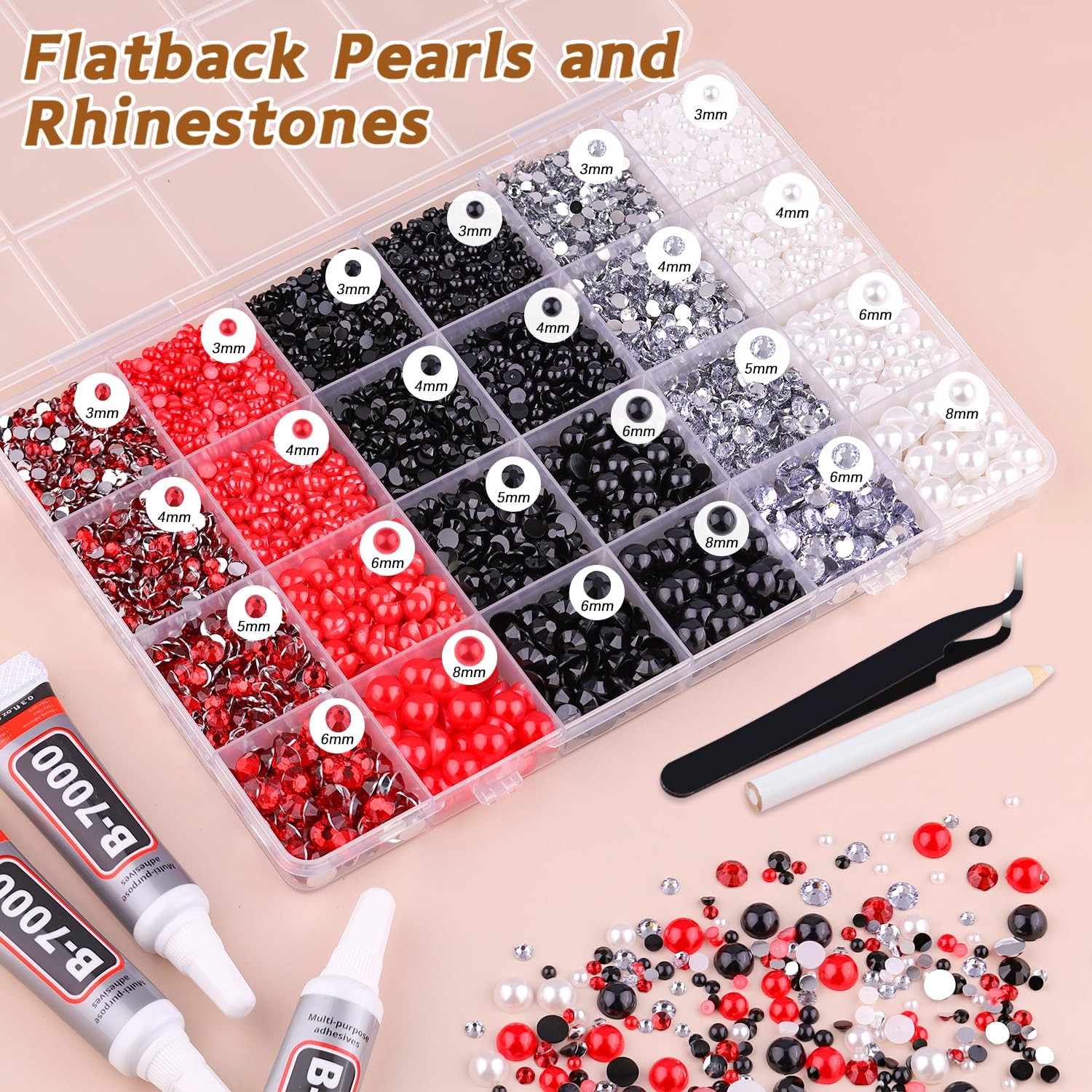 14000PCS Flatback Pearls and Rhinestones for Small, Red White Black+B7000