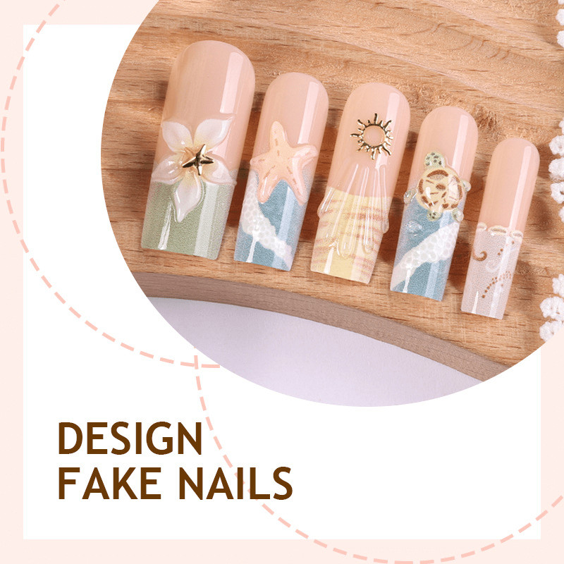 48 Pcs Ocean Turtle Press on Nails, Long Square 3D Starfish Art Fake Nails