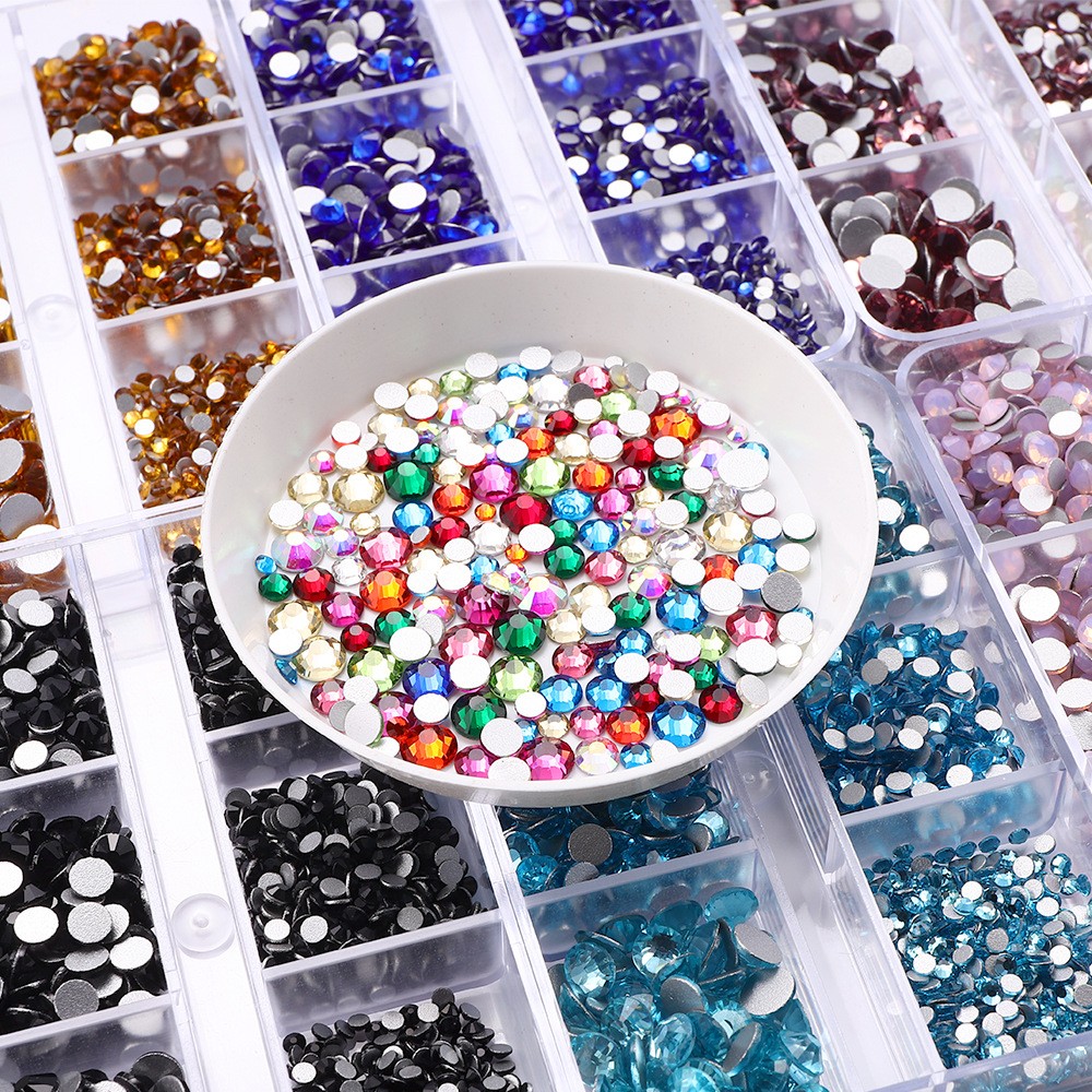1 Box of 2000pcs Flatback Glass Rhinestones in 6 Sizes for Nail Art & Crafting