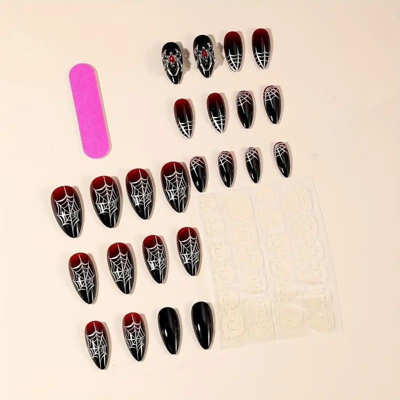 24pcs (1Pack) Halloween Press On Nails Black Red Spider Web Gothic Nail Art Set
