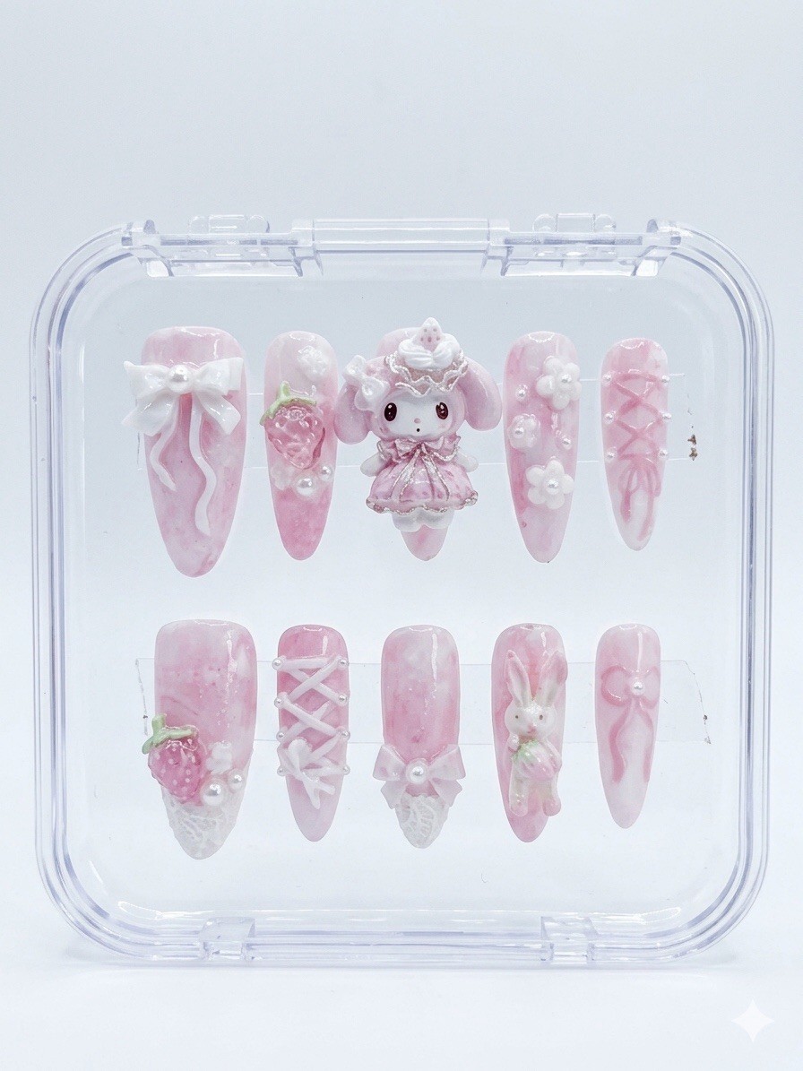 Handmade 3D My Melody Press On Nails Medium Almond Custom Fake Nails Size M