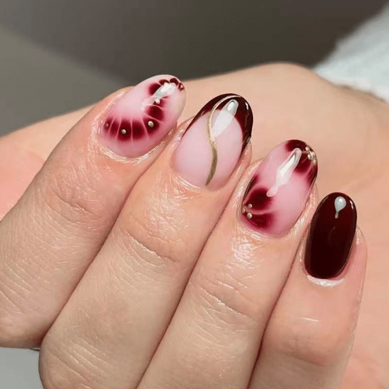 48Pcs-Short Oval Burgundy Blush Gradient Gold Line Tiny Bead Fake Press on Nails