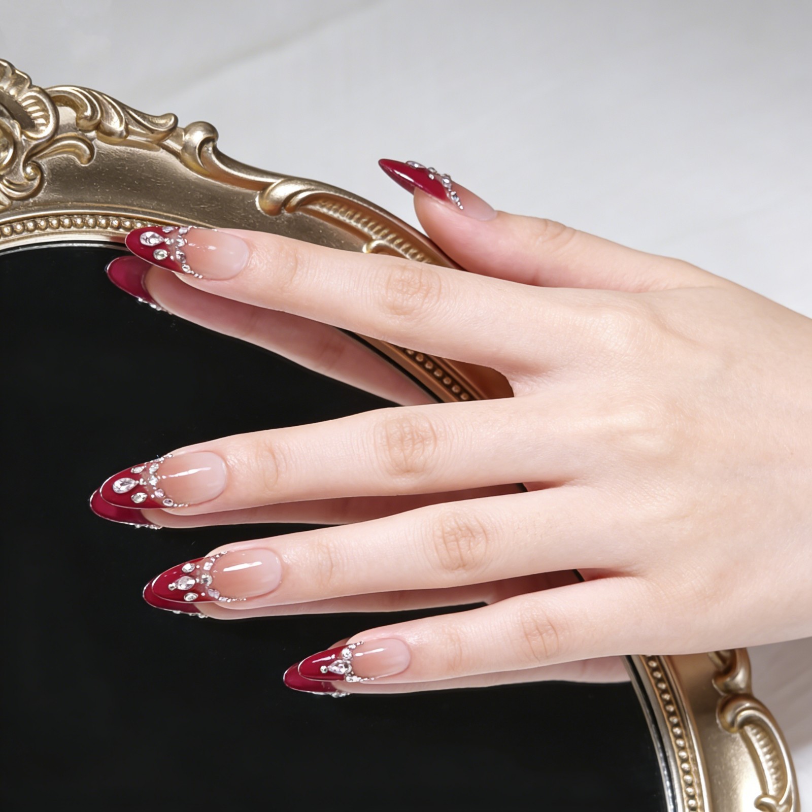 Red Brown Ombre Press-On Nails with Rhinestone Band Luxury Handmade Almond Nails