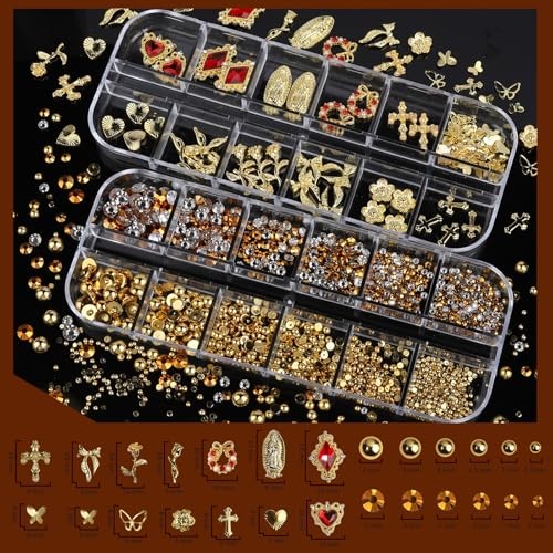 Nail Charms and Gems Set, 4 Boxes Nail Gems Nail Pearls Nail Art Tools, Gold
