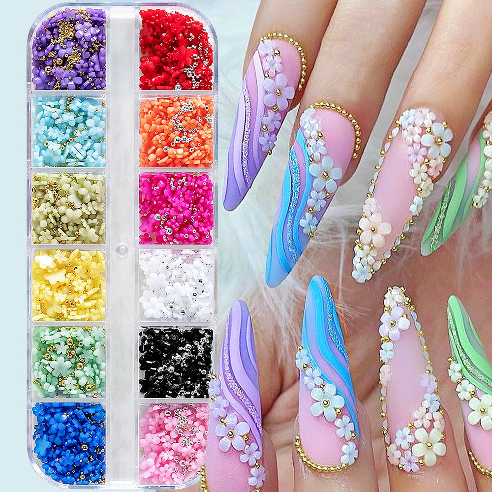 12/15Grids Acrylic Flower Nail Charms Mix Colors Set 3D Flower Nail Art Rhinesto