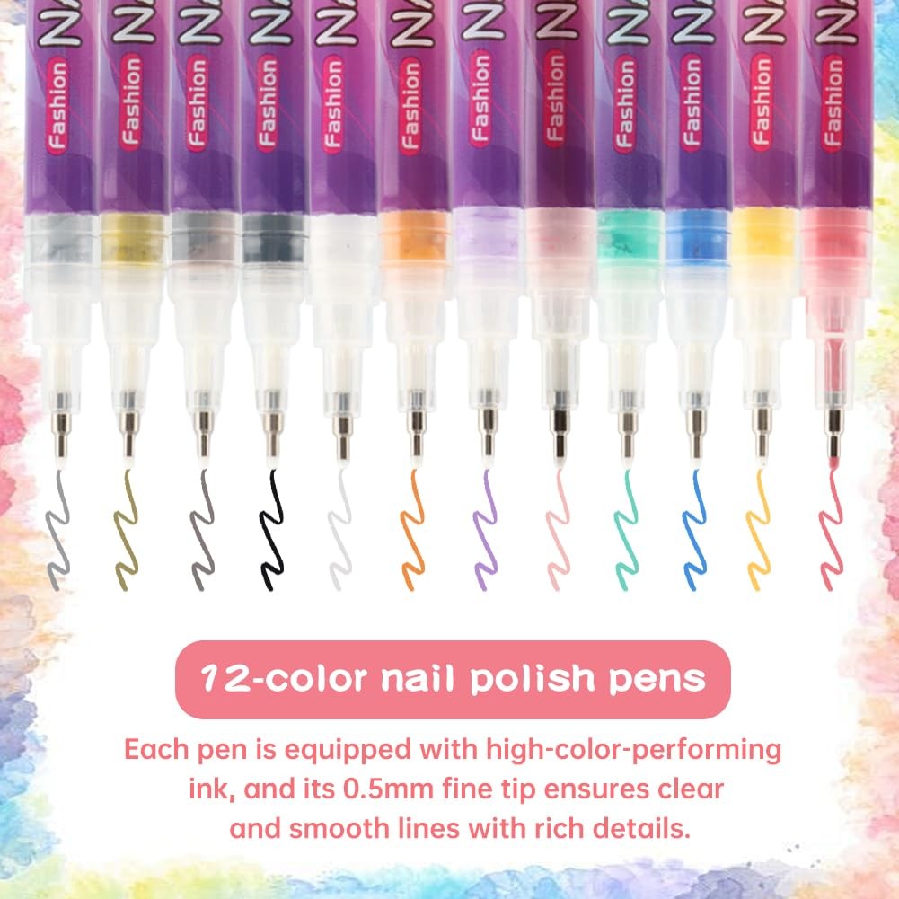 12 Colors Nail Art Pens Set Fine Tip Nail Polish Pen Markers 0.5mm Quick Dry …