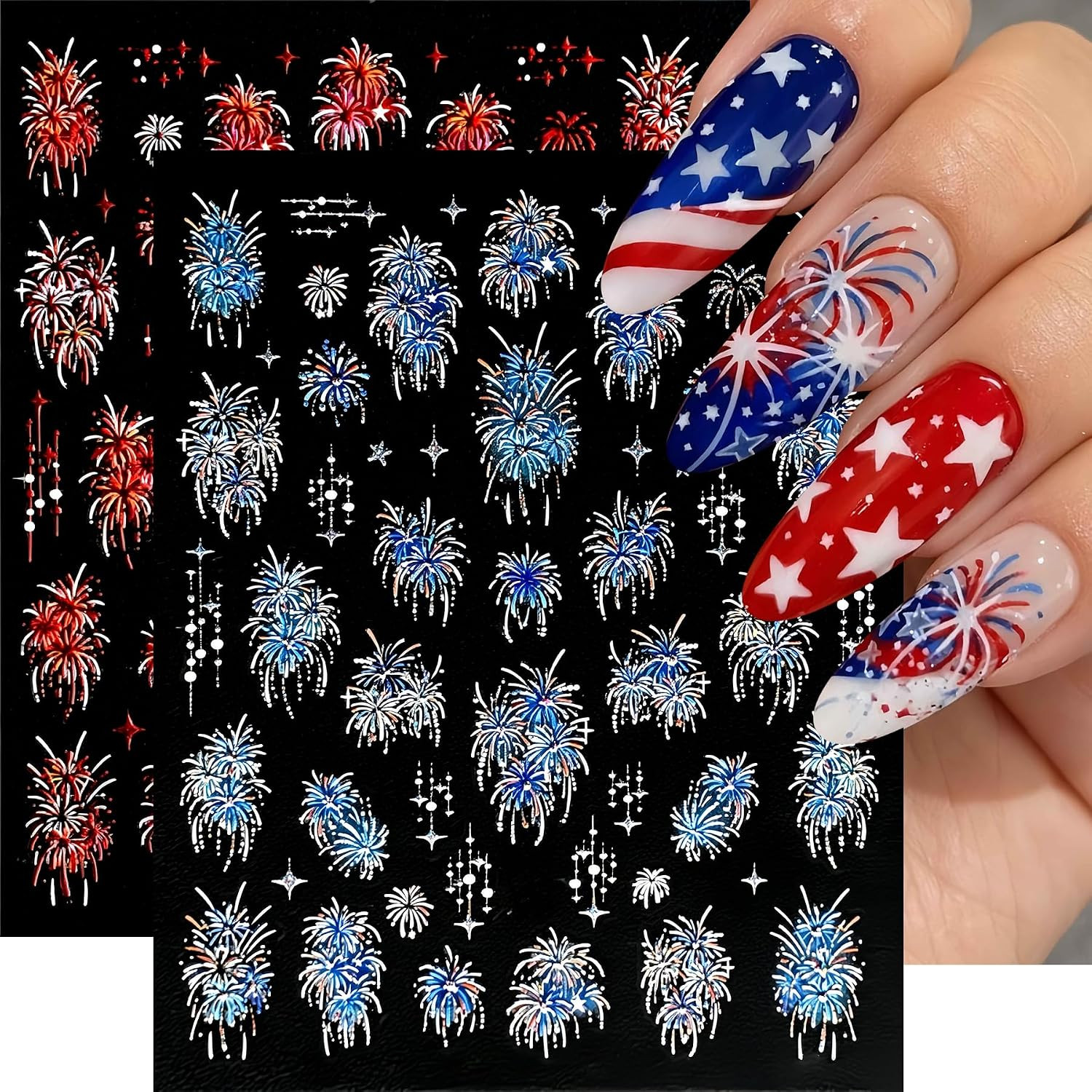 3 Sheets Fireworks Nail Stickers 5D Embossed Colorful Fireworks Nails Decals Aur