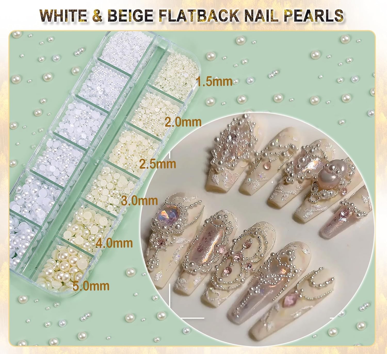 Gold and Silver Nail Art Charms Kit with Caviar Beads Flatback Pearls and Chain
