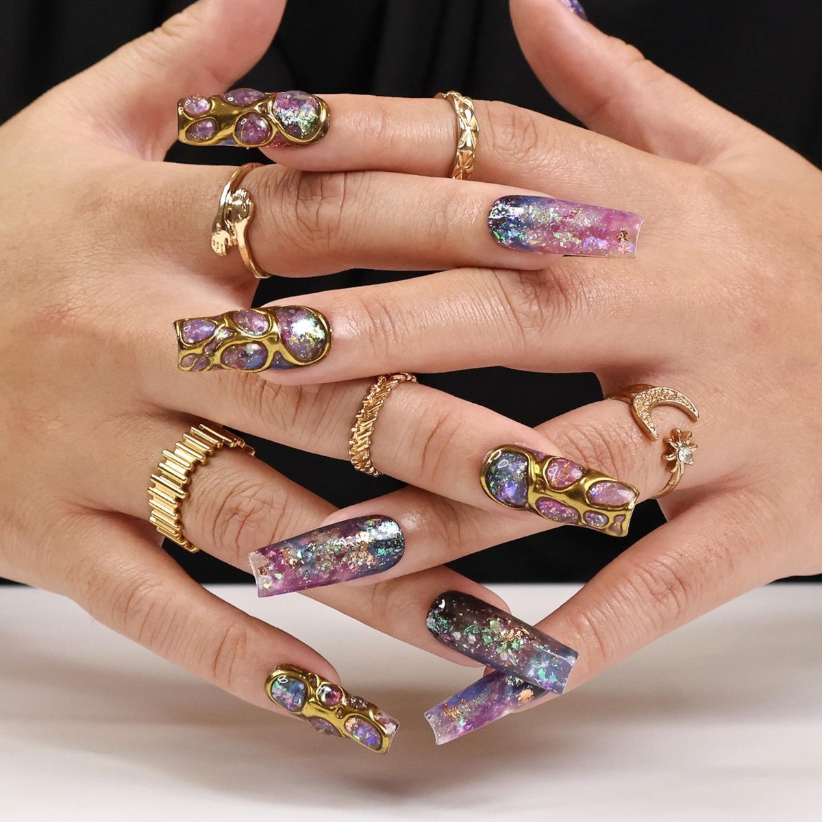 Purple Galaxy Handmade Press on Nails Gold Wire Iridescent Glitter Fake Nails
