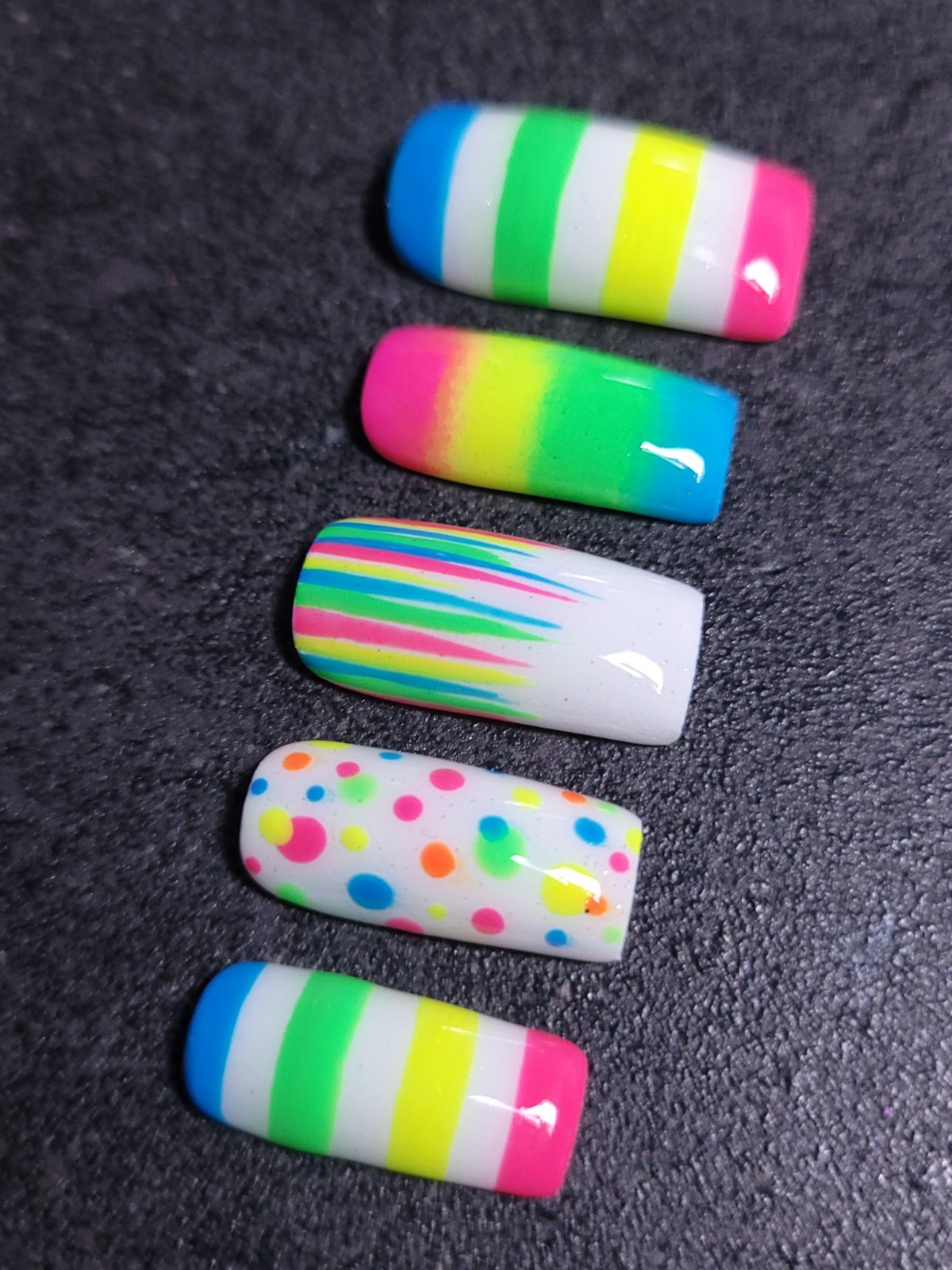 Custom Gel Press on Nails Handmade 10 pc set LARGE Neon Rainbow Dot Stripe Ombre