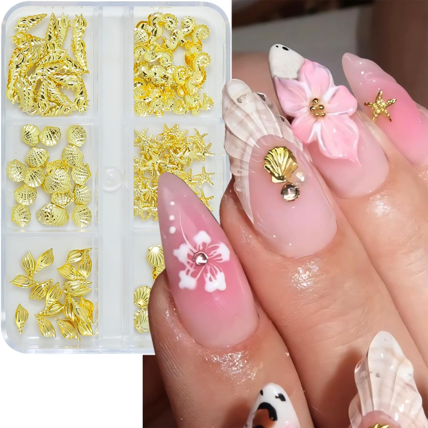 6 Grids Beach Nail Charms Gold Conch Shell Nail Rhinestones 3D Conch Seahorse…