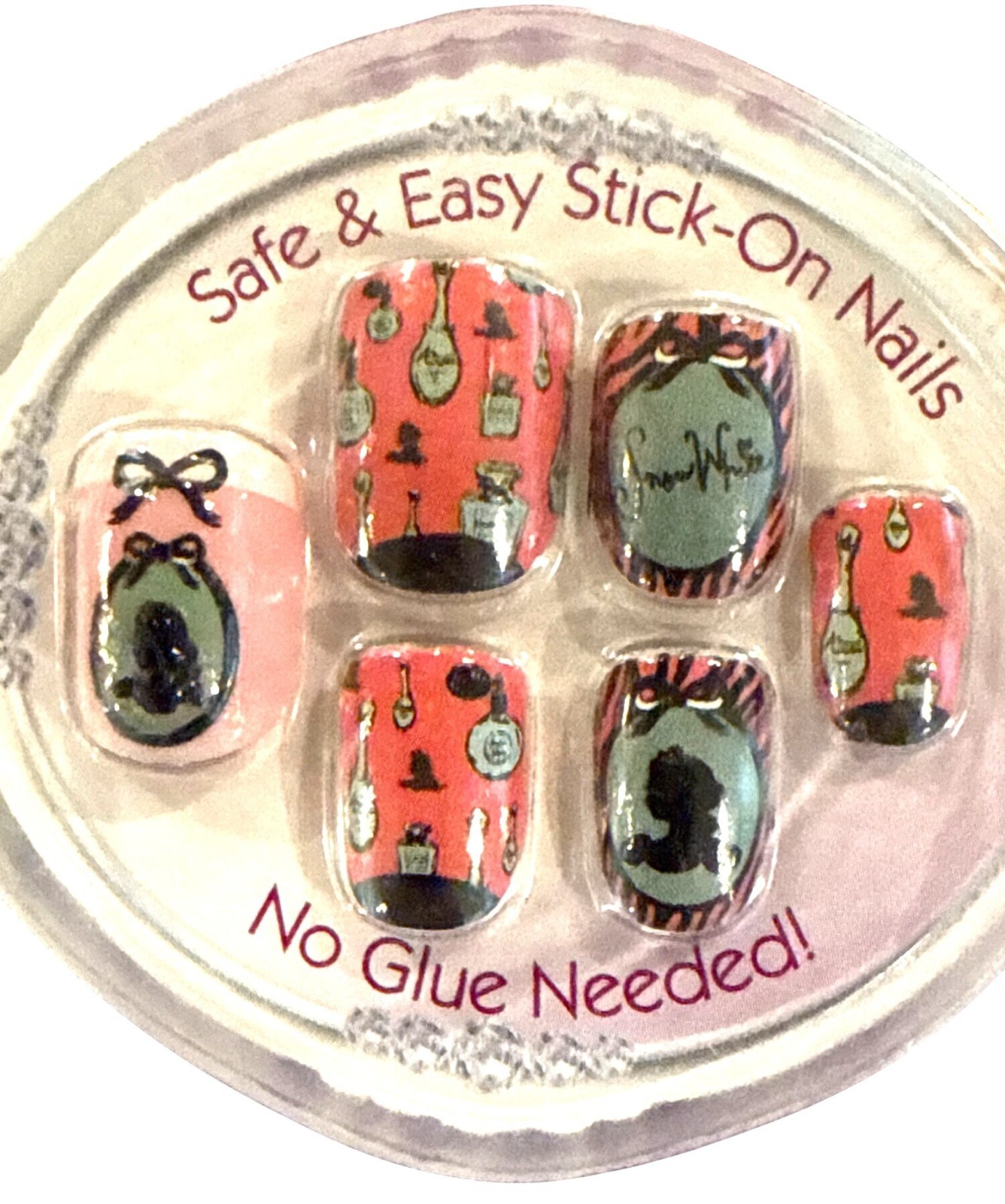 Disney PRINCESS 10 Press-On Nails Pink+Green+Black 3D CHARMS Mirror SNOW WHITE