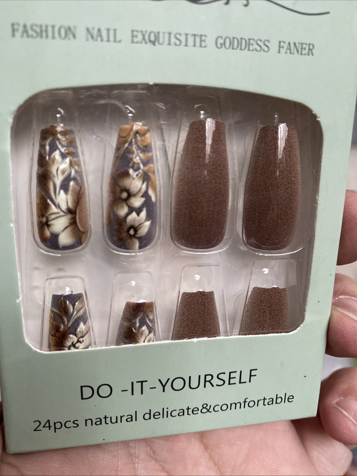 Long 24 Pc Brown Cream Flower Blossom Nail Tips Boxed Glue & Tabs Nails