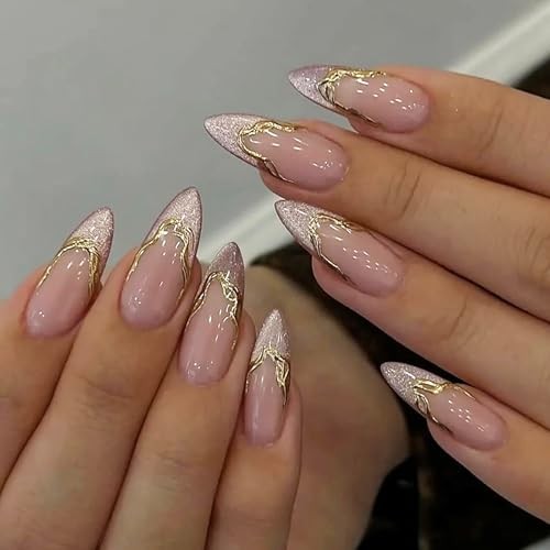 French Tip Press on Nails Medium Almond Fake Nails Sparkly False Nails Style12