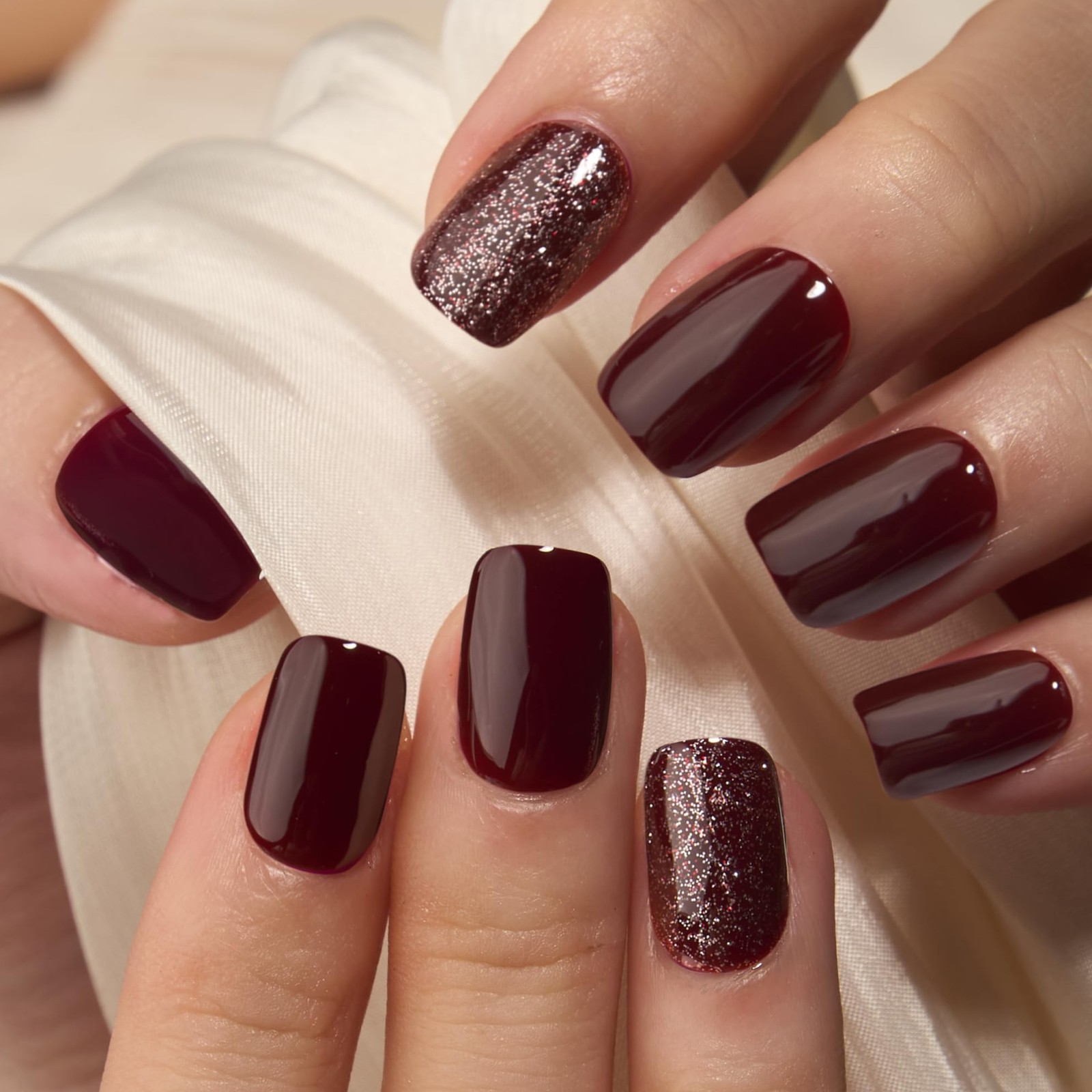 30pcs Press on Nails, Short Square Acrylic Fake Nails with Wine Red Glitte Ap…