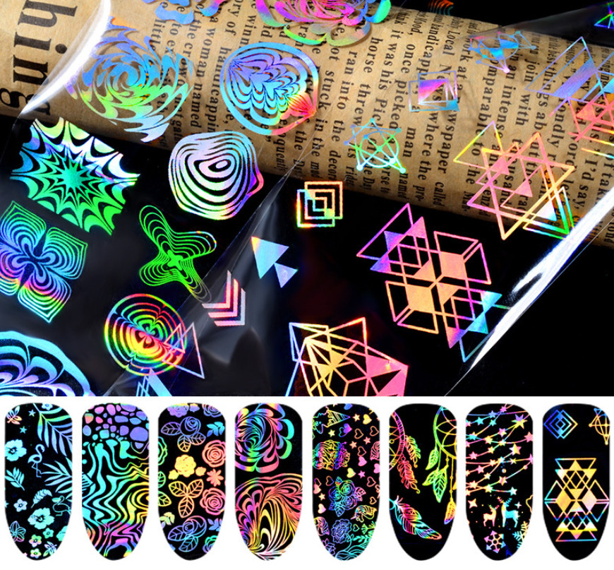 8pcs Nail Foil Stickers Laser Star Heat Transfer Sticker Cypress Unicorn NH8