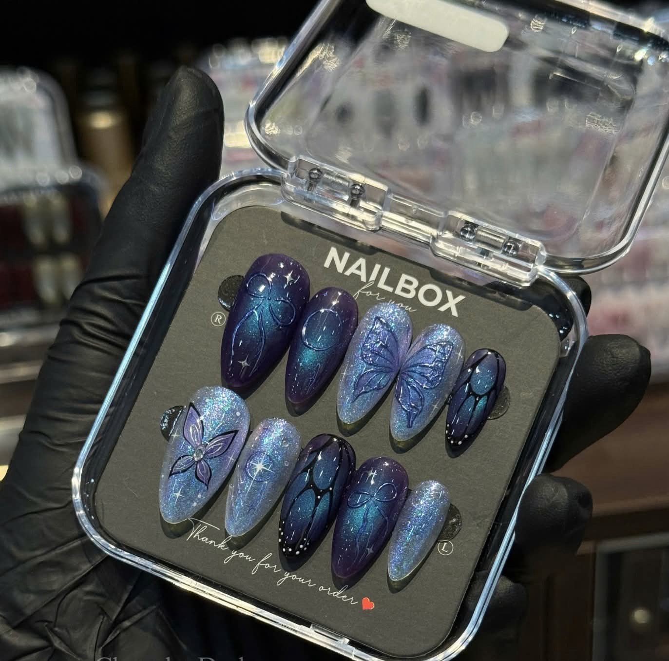 NAILBOX Press-On Nails Long Almond Full Cover Glitter Blue Purple Butterfly