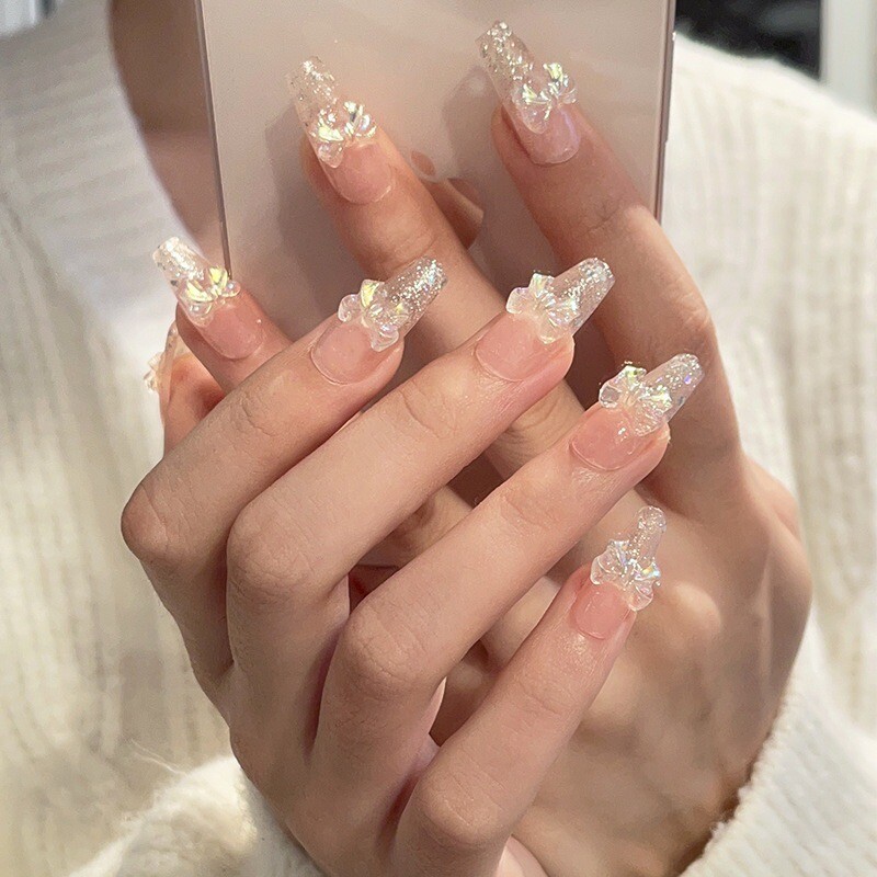 Press On Nails Handmade Aurora Butterfly Shiny Sequin long coffin S M L
