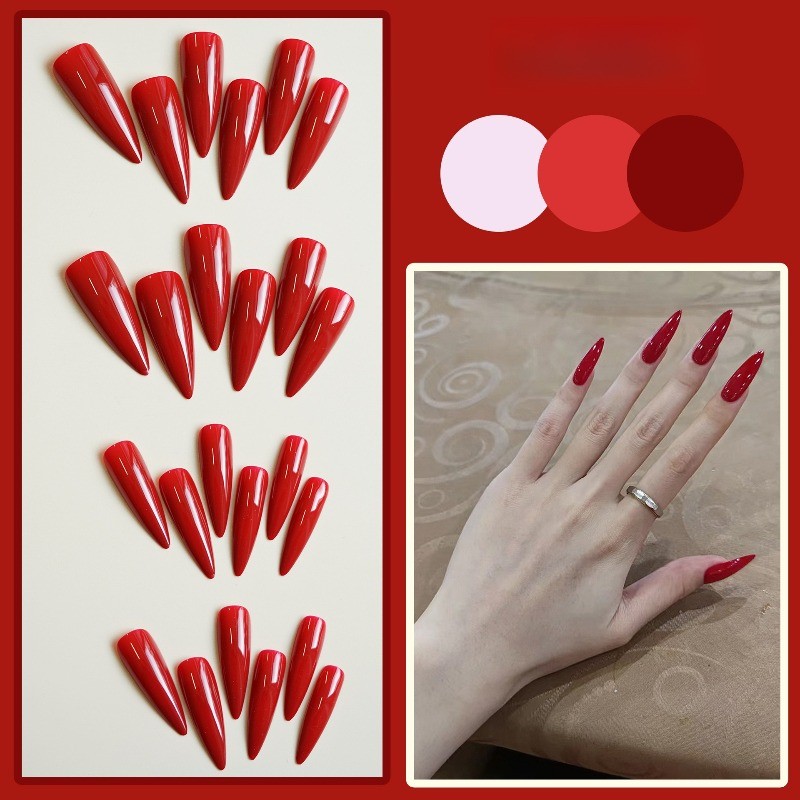 48Pcs-Bright Red Gloss Press on Nails Extra Long Stiletto Solid Color Manicure