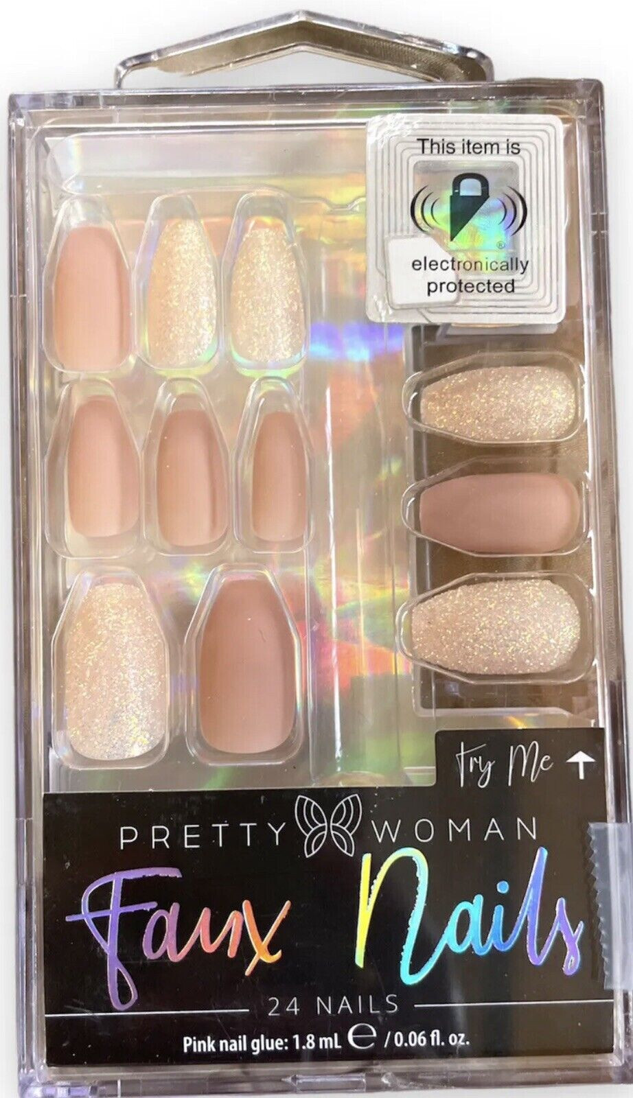 Pretty Woman Faux Nails (23 ct) with Pink Nail Glue Glitter Pink + Extra Nails!