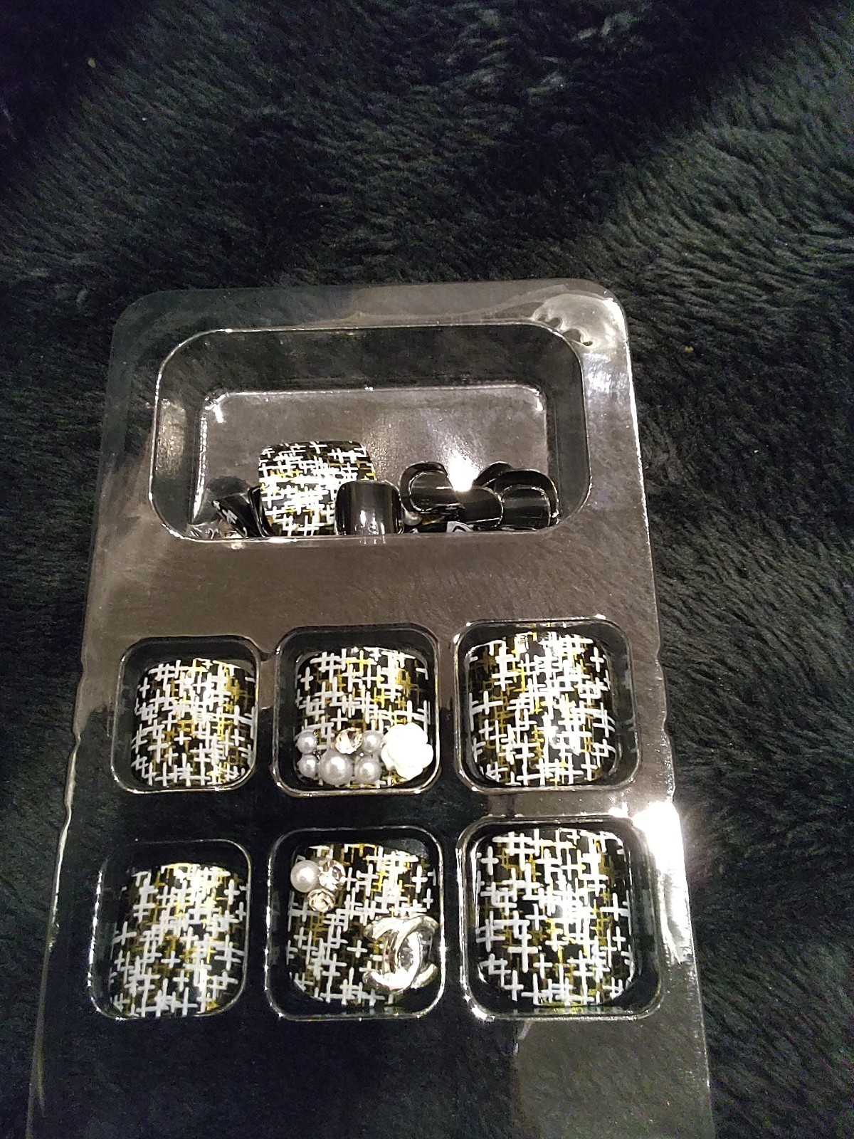 Black White Tweed Logo Print Luxury Press On Toe Nails Square Salon Quality