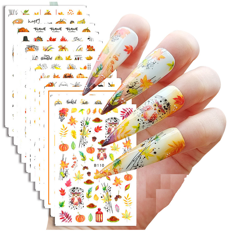 3D Autumn Leaf Nail Decal Turkey Thanksgiving Pumpkin Maple Fruit Stickers NH15