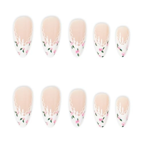 Press on Nails Almond Medium Length Glossy Full Cover Acrylic White French