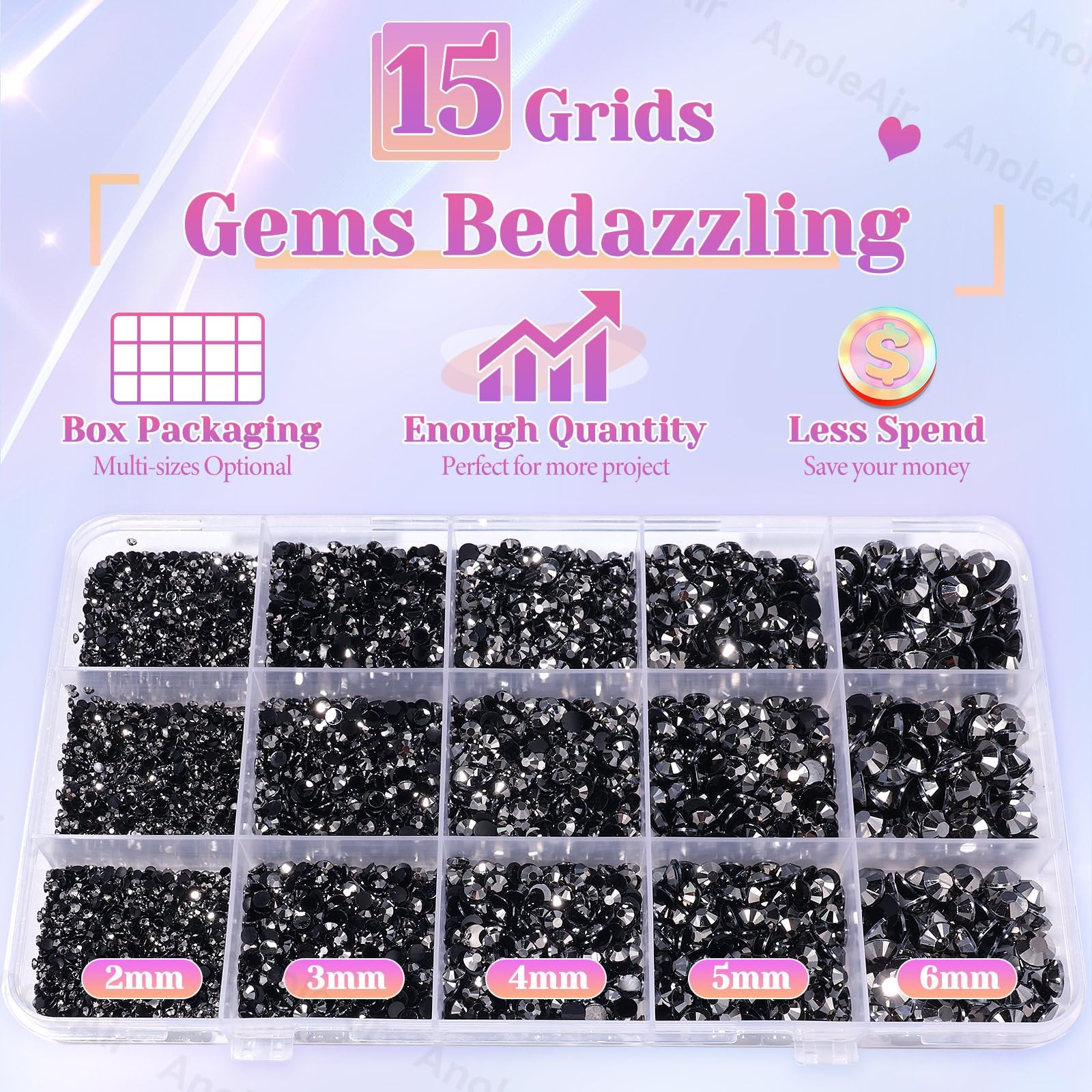 12000Pcs Black Silver Rhinestones for Bedazzling Kit, 2/3/4/5/6mm Mix Sizes J…