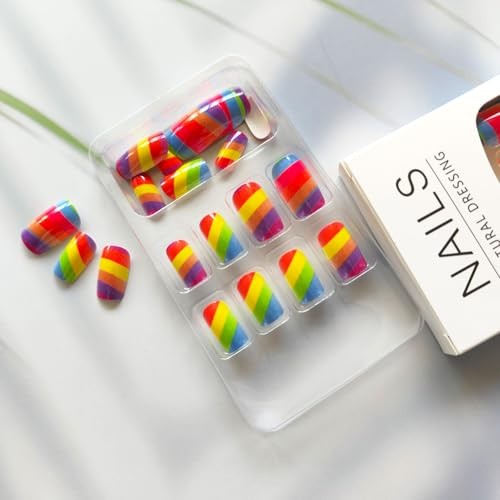 Rainbow Press on Nails Medium Square Fake Nails with Colorful Stripes Style 7