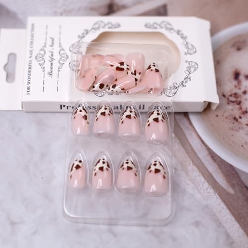 24Pcs Short Press on Nails Cute Almond Fake Nails Cow Pattern Design French A14